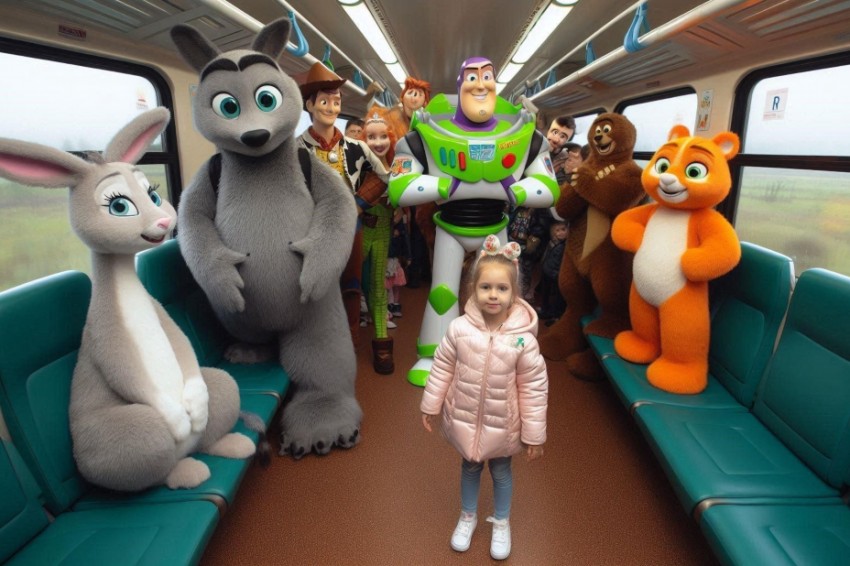Герои мультипликационных фильмов приветствуют маленьких путешественников на пригородных поездах Калининграда в честь Дня защиты детей.