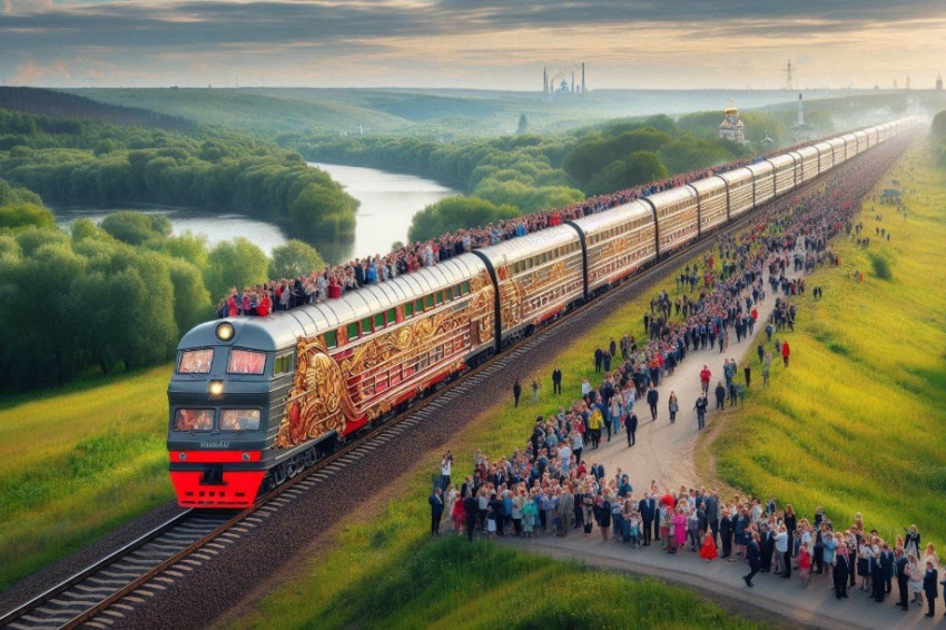 Примерно 480 пассажиров отправились из Уфы в Волгоград на двухуровневом тематическом поезде.