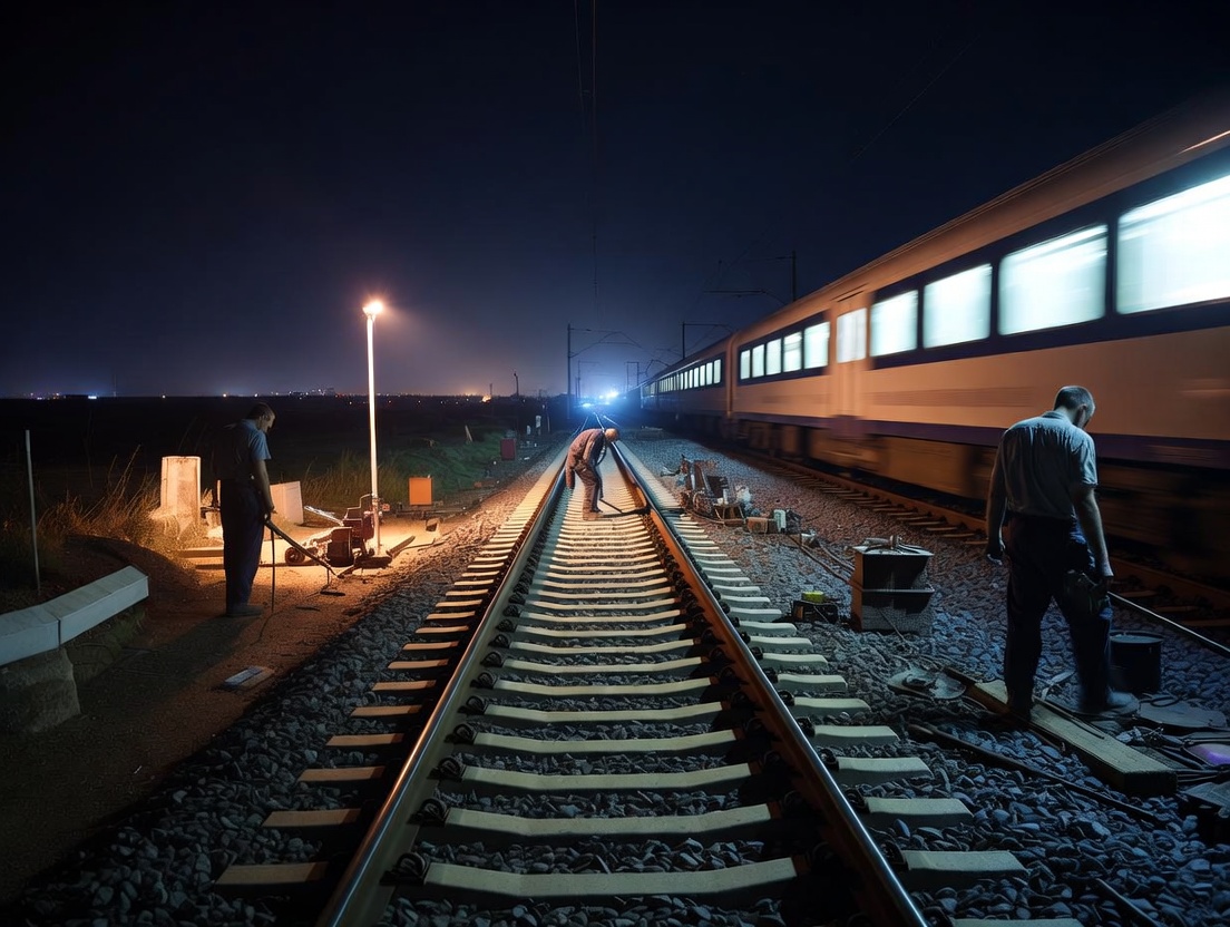 Создай изображения размером 1024х768 пикселей на тему:Вокзальные фитнес-зоны:Как железнодорожники ремонтируют пути за одну ночь